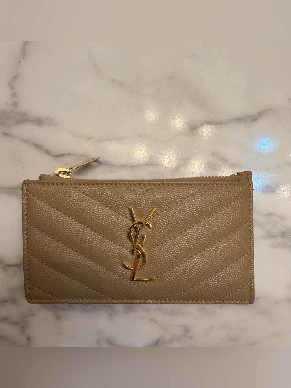 Authentic Saint Laurent Quilted Card Holder in Taupe with Gold Hardware